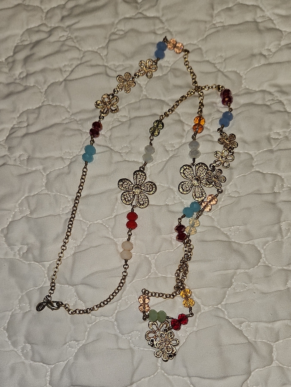 Gold Floral Multi-Colored Bead Necklace - Women's Fashion Jewelry
